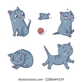 Funny Blue Cat with Striped Tail Sitting Engaged in Different Activity Vector Set