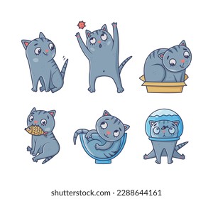 Funny Blue Cat with Striped Tail Sitting Engaged in Different Activity Vector Set