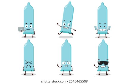 funny blue condom cartoon character with many pose activity design illustration