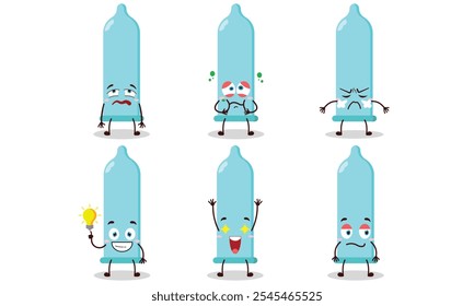 Divertido condón azul de dibujos animados con diferentes expresiones ilustración de diseño