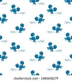 Funny blue crab and waves. Seamless pattern. Cute kids pattern for girls and boys. Blue crabs on a white background create a cheerful cartoon drawing, nautical wallpaper.