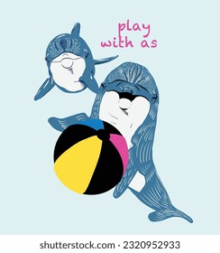 Funny Blue Dolphins Set, Cute Ocean Mammals Performing Tricks Vector Illustration