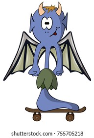 A funny blue dragon skateboards