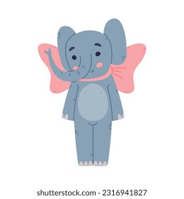 Funny Blue Elephant with Large Ear Flaps and Trunk Wearing Pink Bow Vector Illustration