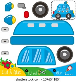 Funny blue family multi-seat car. Education paper game for preshool children. Vector illustration.