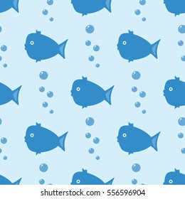 Funny blue fish and bubbles. Cute seamless pattern. Repeated texture.