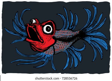 Funny blue fish with huge red head, hand drawn doodle color sketch, pop art style, vector illustration, isolated on dark background.
