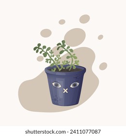 Funny blue flower pot with eyes and nose and a flower Vector