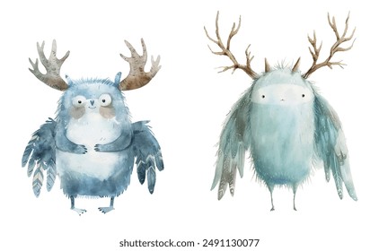 Funny blue forest monsters with wings and horns cute illustration vector design. Smiling monster and sad one. Spirits of the forest, nature creatures.