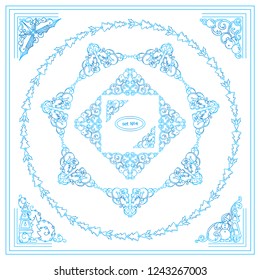 Funny blue frozen frames and corners. Christmas, winter elements for design with lovely fairytale elements, Christmas trees, snowmen, gnomes, holly branches and leaves, wave lines 