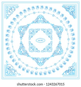 Funny blue frozen frames and corners. Christmas, winter elements for design with lovely fairytale elements, Christmas trees, snowmen, gnomes, holly branches and leaves, wave lines 