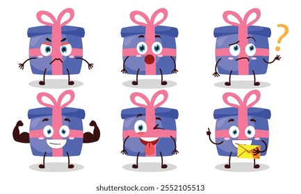 funny blue gift box cartoon with different expressions character design illustration