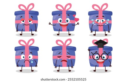 funny blue gift box cartoon character with different pose activity design illustration