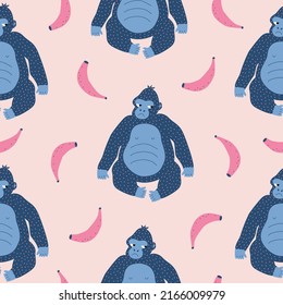 Funny blue gorillas and pink bananas hand drawn vector illustration. Cute safari animals seamless pattern for kids fabric or wallpaper.