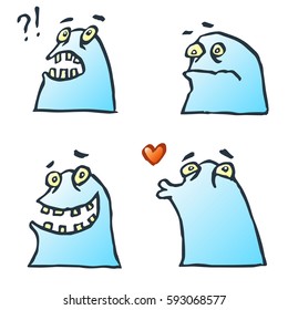 Funny Blue Gradient Flat Jelly Monsters Isolated Vector Illustration. Contour Freehand Digital Drawing Cute Characters. White Color Background. Cheerful Collection Creatures for Web Icons and Shirt.