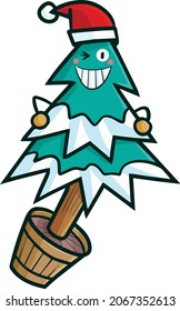 Funny blue green christmas pine tree character smiling