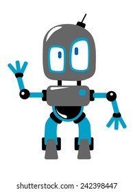 Funny blue and grey cartoon robot or alien, with radio antenna on the head, waving hand, isolated on white