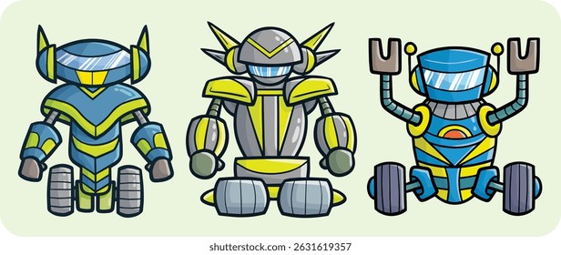 Funny blue and grey robots cartoon illustration set