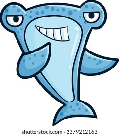 Funny blue hammer shark fish smiling cartoon illustration