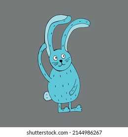 A Funny Blue Hare Scratches Behind His Ear. Vector Illustration. Comics. Coloring For Children And Adults. Cartoon