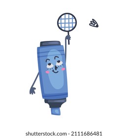 Funny Blue Highlighter as Office Supply Humanized Character Playing Badminton Vector Illustration