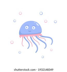 funny blue jellyfish character. fairy fun marine life. smile emotion and wild marine animals in ocean. underwater coral reef dwellers, undersea fauna. flat cartoon on white background