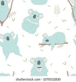 Funny blue koala, hand drawn illustrations. Seamless pattern perfect for  wrapping paper, fabric, wallpaper background  design. Cute koala design for baby clothes, textile, kid room decor, print