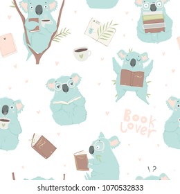 Funny blue koala, hand drawn illustrations. Seamless pattern perfect for  wrapping paper, fabric, wallpaper background  design. Cute koala design for baby clothes, textile, kid room decor, print