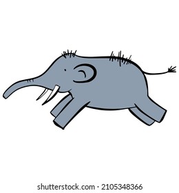 Funny blue mammoth. Creative elephant on a white background. Rock art in the style of naive art. Vector illustration. An element for greeting cards, posters, stickers and other designs.