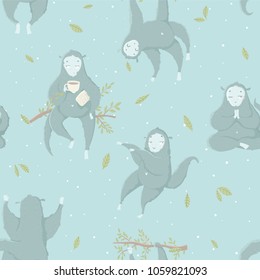 Funny blue monkey, hand drawn illustrations. Seamless pattern perfect for  wrapping paper, fabric, wallpaper background  design. Cute monkey design for baby clothes, textile, kid room decor, print