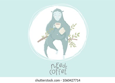 Funny blue monkey hand drawn illustration could use as card, tag, poster, label template design. Baby shower room decor element or invitation