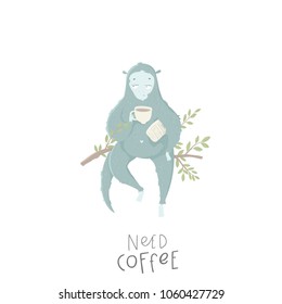 Funny blue monkey hand drawn illustration could use as card, tag, poster, label template design. Baby shower room decor element or invitation