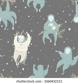 Funny blue monkey, hand drawn illustrations. Seamless pattern perfect for  wrapping paper, fabric, wallpaper background  design. Cute monkey design for baby clothes, textile, kid room decor, print