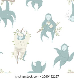 Funny blue monkey, hand drawn illustrations. Seamless pattern perfect for  wrapping paper, fabric, wallpaper background  design. Cute monkey design for baby clothes, textile, kid room decor, print