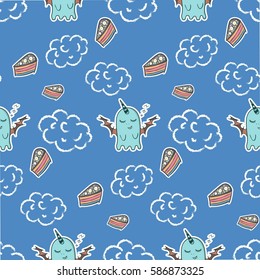 Funny blue monster dreaming of sweets seamless pattern background blue