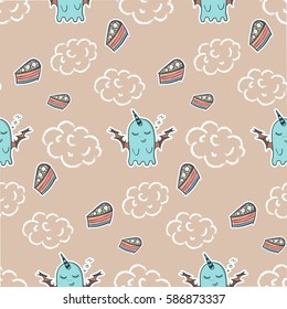 Funny blue monster dreaming of sweets seamless pattern background pink 