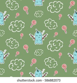 Funny blue monster dreaming of sweets seamless pattern background green