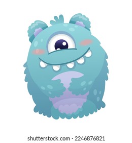 Funny Blue Monster with Happy Smiling Face and Fluffy Body Vector Illustration