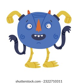 Funny Blue Monster Head with Long Arms Vector Illustration