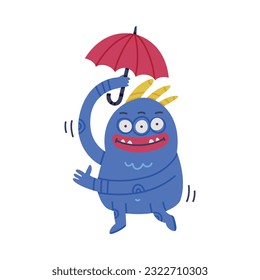 Funny Blue Monster with Horns Holding Umbrella Vector Illustration