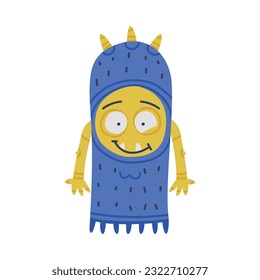Funny Blue Monster with Horns and Toothy Mouth Standing Vector Illustration