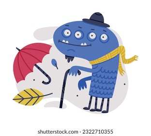 Funny Blue Monster with Many Eyes Wearing Hat and Scarf Walking with Cane Vector Illustration