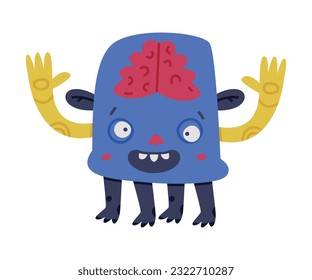 Funny Blue Monster with Raised Arm Vector Illustration