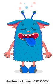 Funny blue monster with a smile, closed her eyes and let bubbles.