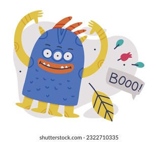 Funny Blue Monster with Toothy Mouth Making Boo Vector Illustration