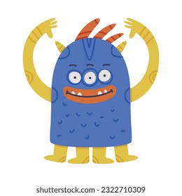 Funny Blue Monster with Yellow Arms Raised Up Vector Illustration