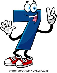 Funny Blue Number Seven 7 Cartoon Character Showing Hands Number Seven. Vector Hand Drawn Illustration Isolated On Transparent Background