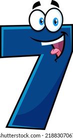 Gracioso Azul Número Siete 7 Caricatura. Ilustración dibujada a mano vectorial aislada en fondo blanco
