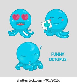 Funny blue octopus on isolated gray background