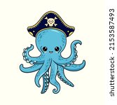 Funny blue octopus pirate in a pirate hat. Cartoon character on isolated background. Marine theme. For children's design of prints, posters, stickers, cards and so on. Vector